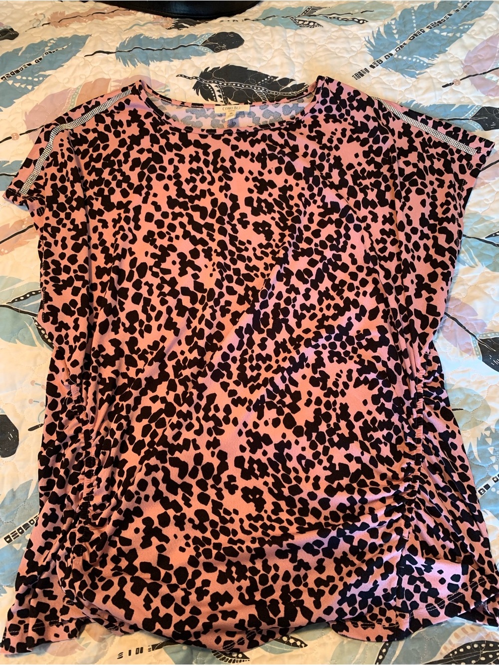 Women’s Blush Leopard Print Short Sleeve Blouse with Side Ruching & Rhinestones